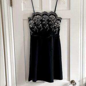 Vintage Black Fit and Flare Dress with White Floral Embroidery by CDC. Size 6P.